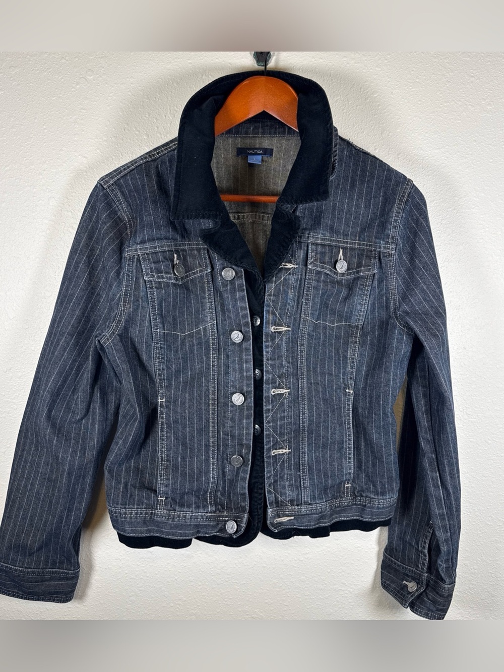 Nautica Denim Jean Corduroy Pinstriped Dark Wash Jacket Coat Womens Size L Y2K